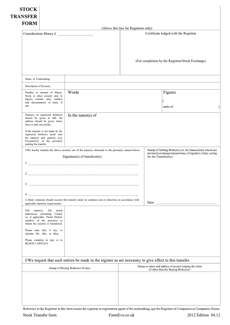 Stock Transfer form 1 Stock Transfer form Transfer by individuals preview