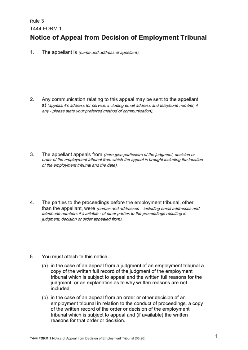 T444 Notice of appeal from decision of Employment Tribunal Rule 3 Form 1 preview