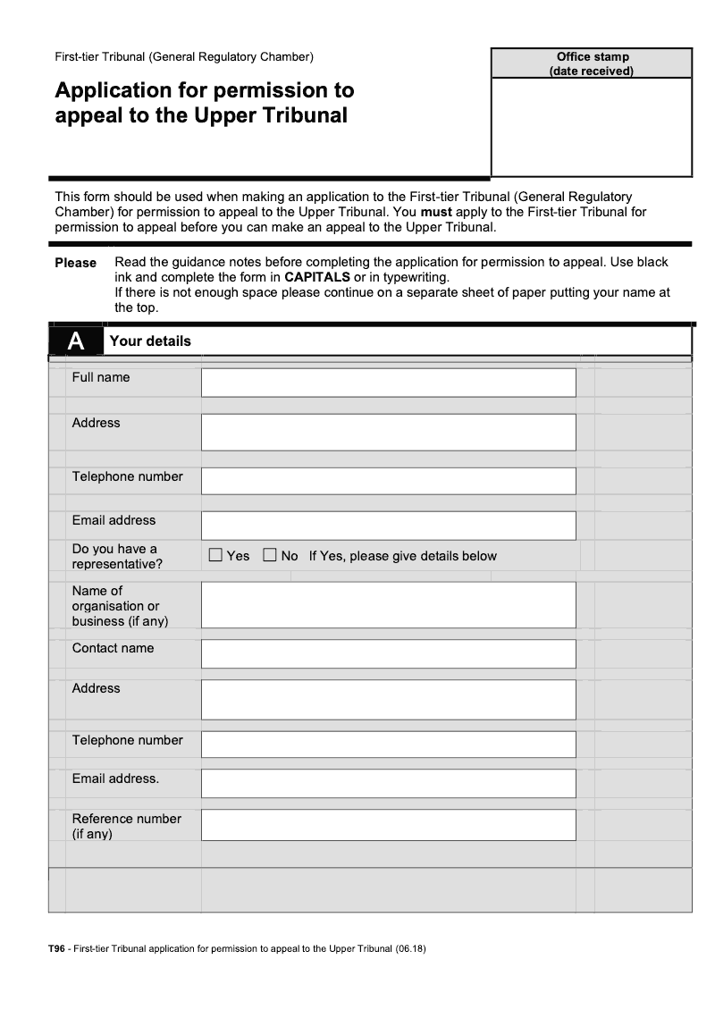 T96 First tier Tribunal application for permission to appeal to Upper Tribunal General Regulatory Chamber preview