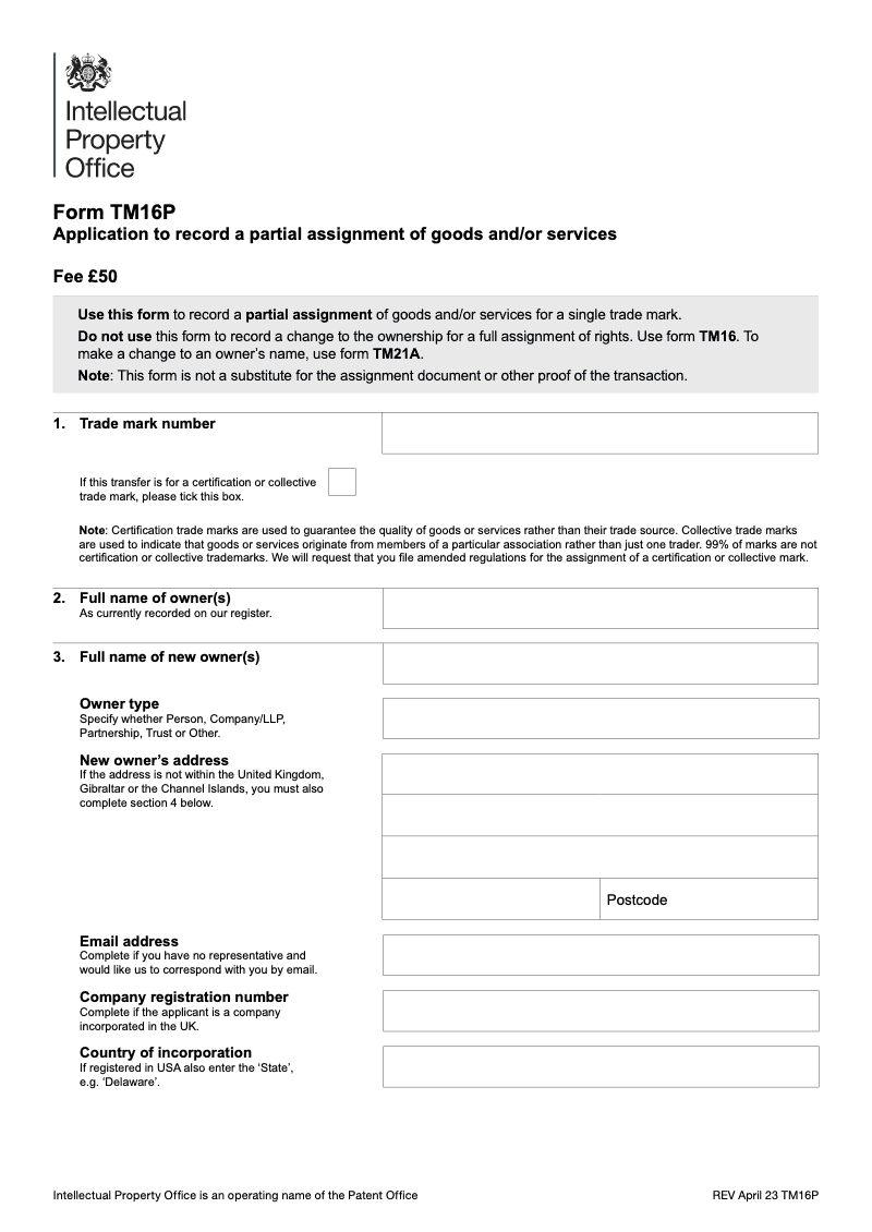 TM16P Application to record a partial assignment of goods and or services preview