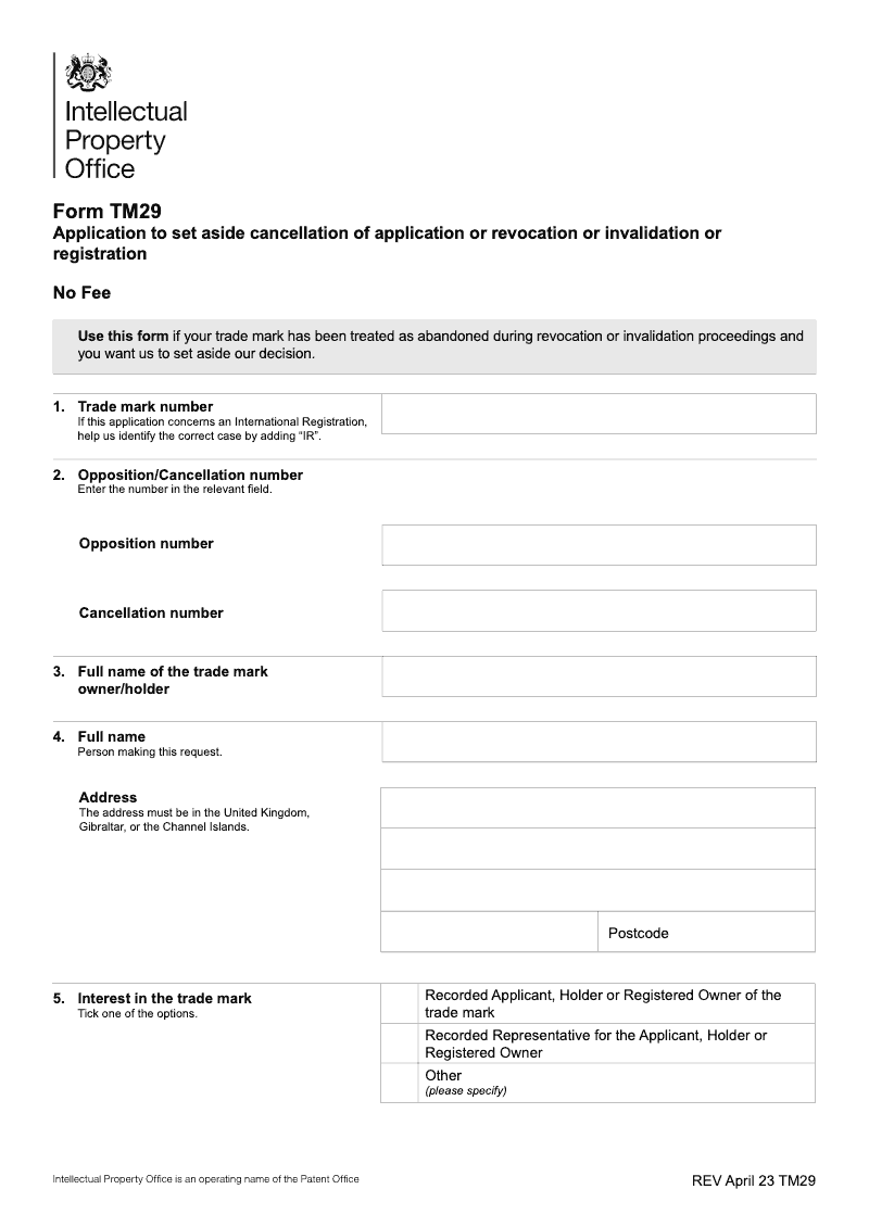 TM29 Application to set aside cancellation of application or revocation or invalidation or registration preview