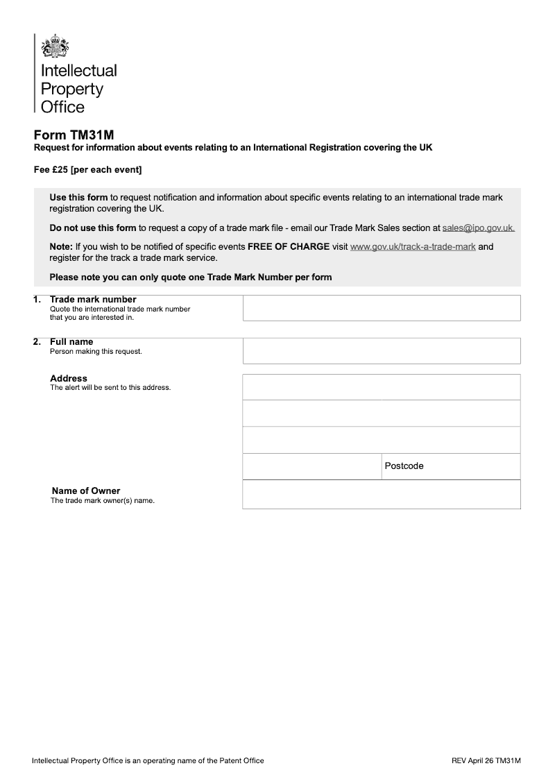 TM31M Request for information about events relating to an international registration covering the UK preview