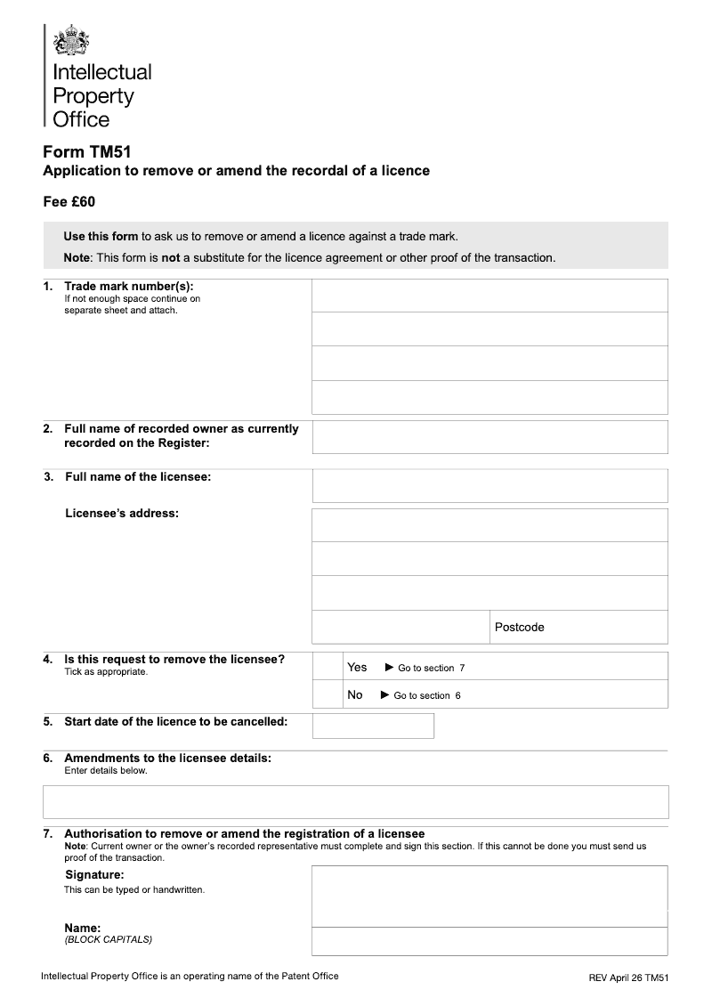 TM51 Application to remove or amend the recordal of a licence preview