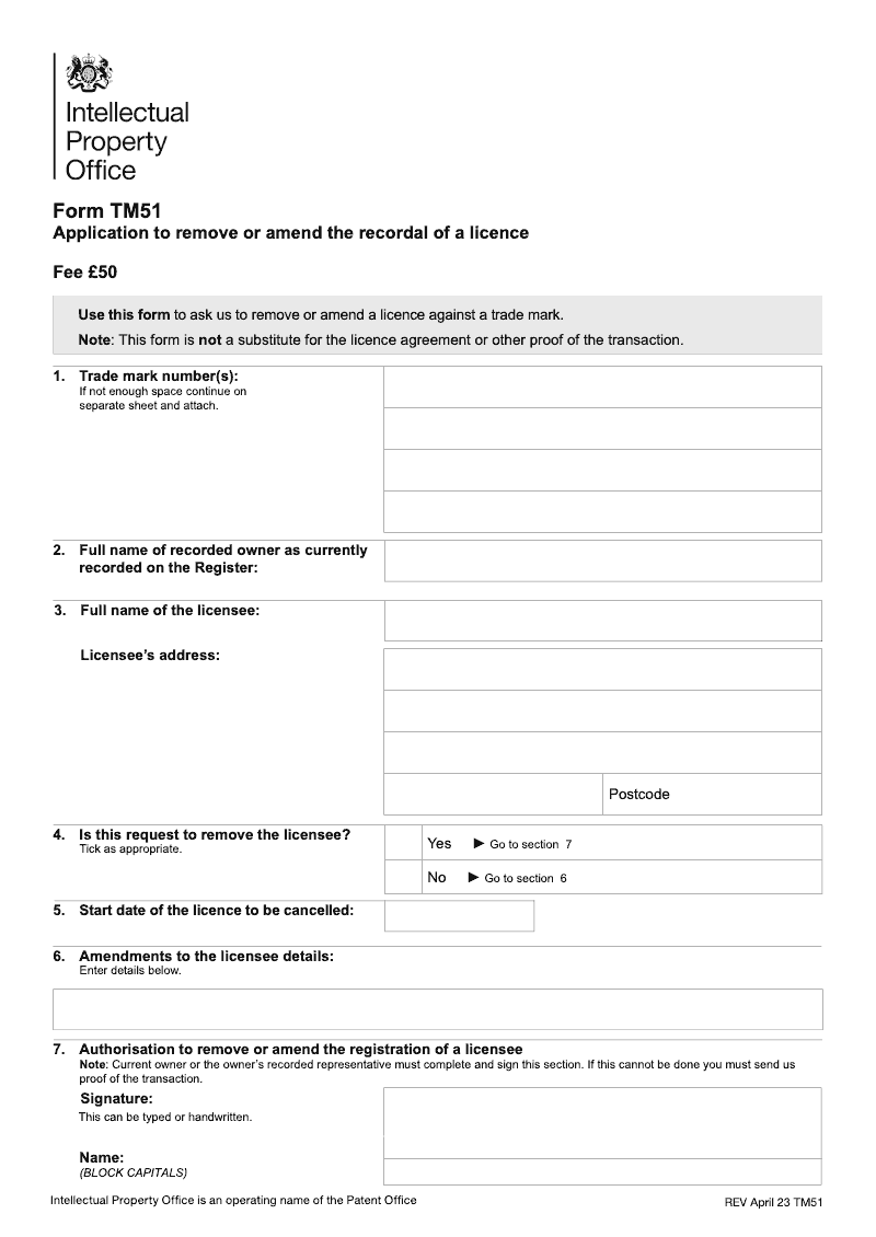 TM51 Application to remove or amend the recordal of a licence preview