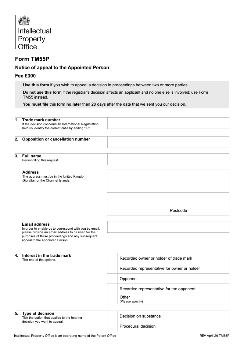 TM55P Notice of appeal to the appointed person preview
