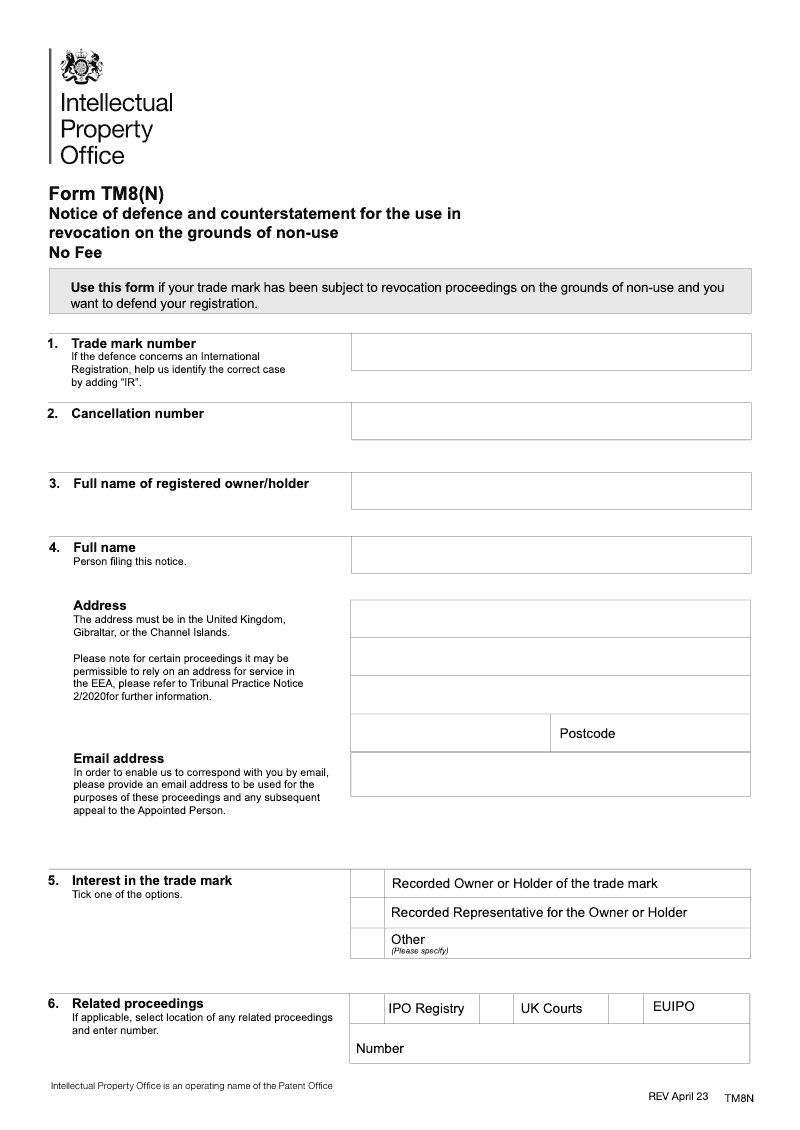 TM8(N) Notice of defence and counterstatement for the use in revocation on the grounds of non use preview